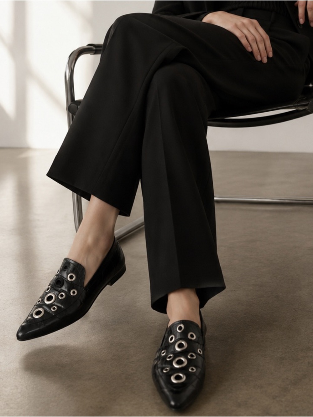Proenza Schouler Black Leather Grommet Pointed Toe Loafer